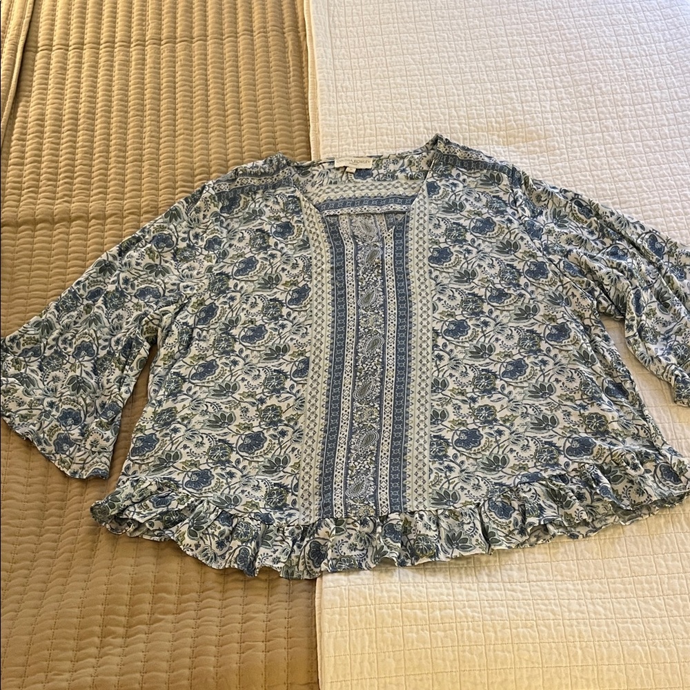 Cynthia Rowley denim blue and Cream Patterned Blouse